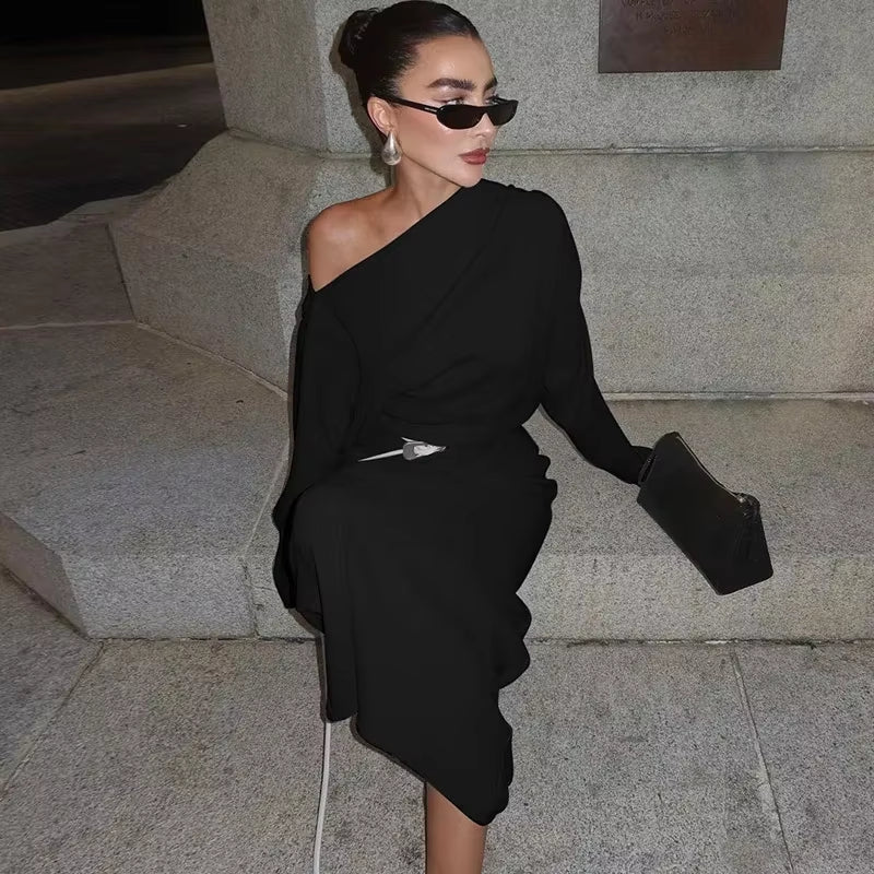 Oblique Neck Long Sleeve Maxi Dress Fashion White Formal Party Dresses for Women Autumn Winter Long Dress Black
